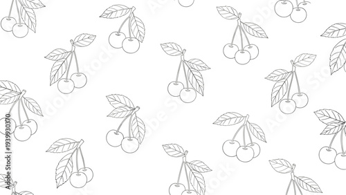 Clean seamless pattern of black and white line art cherries with leaves on a white background for coloring pages or simple food packaging.