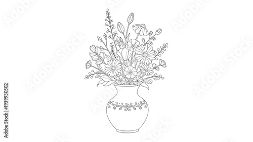 Delicate black and white line art illustration of a wild flower bouquet in a simple round vase for coloring books and minimalist art pieces.