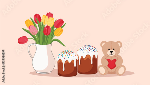 Charming Easter holiday display featuring colorful tulips in a pitcher, traditional frosted cakes, and a cute teddy bear holding a heart.