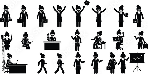 Business people icons set, professional worker silhouettes collection, office job characters, corporate teamwork activities, manager employee actions, workplace pictogram illustration bundle