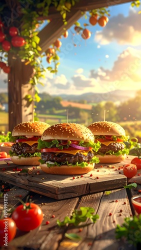 A serene outdoor setting with burgers on a wooden table