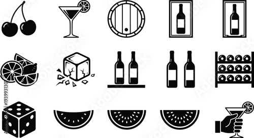 Black vector icons of cocktails wine bottles cherries citrus slices and ice cubes for bar menu nightlife party drinks and restaurant branding design