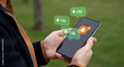 Hands holding smartphone with real estate notification outdoors