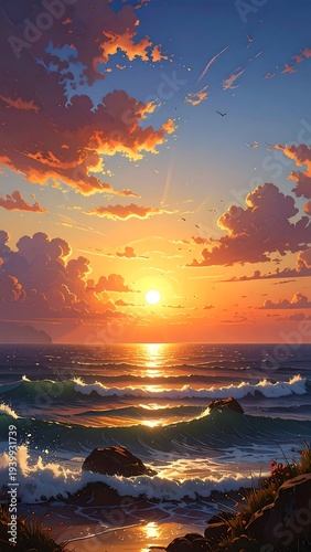 A serene seascape at sunset with vibrant sky and calm waves