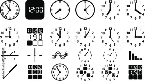 Set of 20 clock icons vector, various analog and digital timepieces