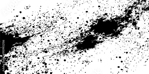 Abstract an artistic, high-contrast illustration featuring a striking display of black ink splatters, drops and artistic elements on a clean surface.