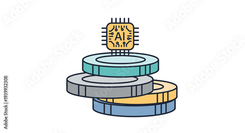 An AI microchip rests atop a stack of three colorful data layers on a white background, Generative AI.