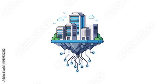 A modern cityscape of buildings floats on a rock island with glowing digital circuit roots, Generative AI.