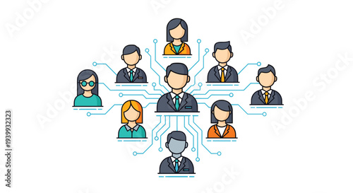 A central manager figure is connected by digital circuit lines to surrounding diverse business people icons, Generative AI.