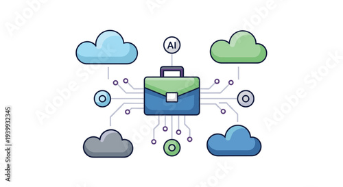 An AI briefcase with circuit connections links to various cloud icons symbolizing cloud business solutions, Generative AI.