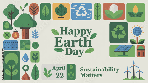 Earth day icons and symbols promoting sustainability and eco friendliness on a green background