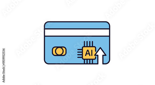 A stylized credit card features an integrated AI chip and an upward pointing arrow symbolizing technological advancement, Generative AI.