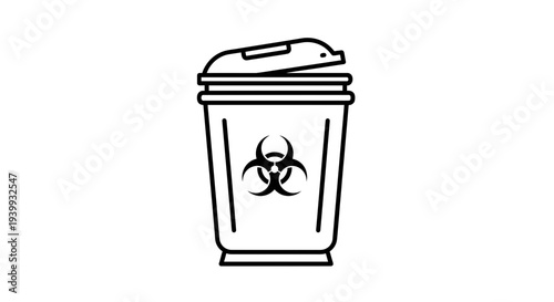 Biohazard Waste Bin Icon with Biohazard Symbol, Medical Trash Can Line Art