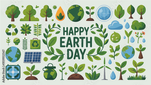Happy earth day eco friendly illustrations of plants trees and globe on green background