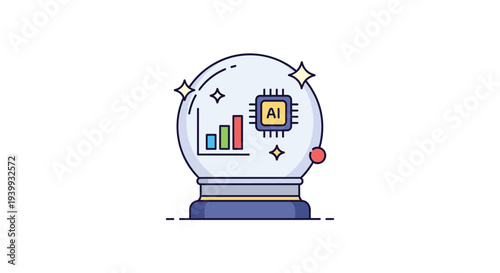A sparkling crystal ball encapsulates an AI chip and a vibrant bar chart symbolizing advanced future predictions, Generative AI.