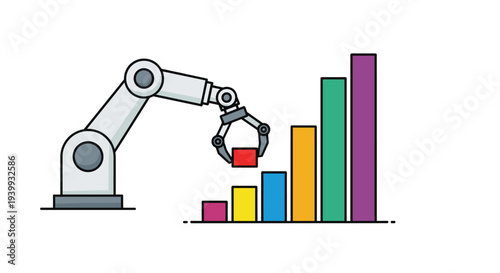 A robotic arm places a block to build a colorful bar graph on a white background, Generative AI.