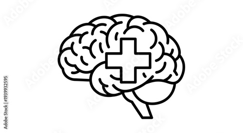 Brain with Medical Cross Icon, Mental Health and Healthcare Concept