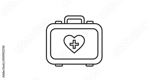First Aid Kit Icon with Heart and Cross Symbol, Medical Emergency Health Care Symbol