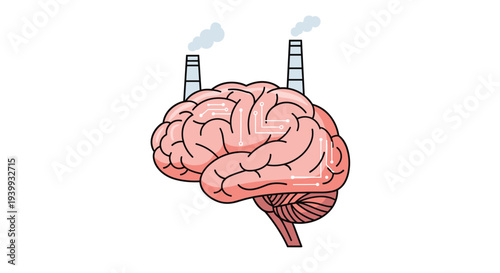 A stylized human brain with internal circuit connections and two industrial smokestacks atop is displayed, Generative AI.
