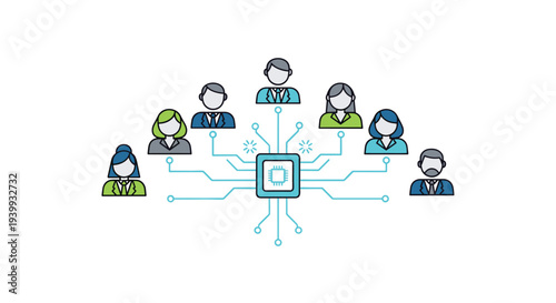 A central microchip is digitally connected to a diverse group of professional people symbolizing intelligent networking, Generative AI.