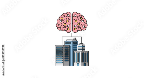 A human brain with glowing connections links to various city buildings representing smart city and urban intelligence, Generative AI.