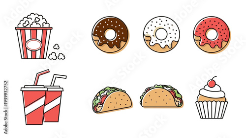 Assorted colorful food items including donuts, tacos, and cupcakes displayed on a clean white background with cartoonish illustrations.