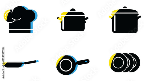 A collection of kitchen utensils and cookware displayed on a clean white background from a straightforward viewpoint, showcasing various cooking essentials in a simple illustration style.