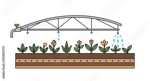 Automated irrigation system drips water onto multiple flowering plants growing in a raised garden bed, Generative AI.
