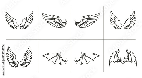Various wing designs illustrated in a grid layout, showcasing different styles and forms of wings in a simple line art format
