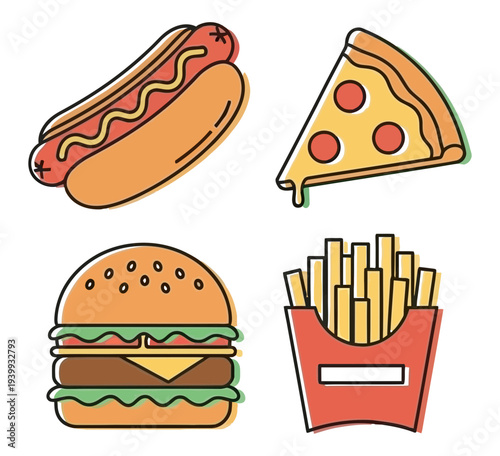 Assorted fast food items including hotdog, pizza slice, burger, and fries are displayed together on a white background, viewed from directly above for easy identification.