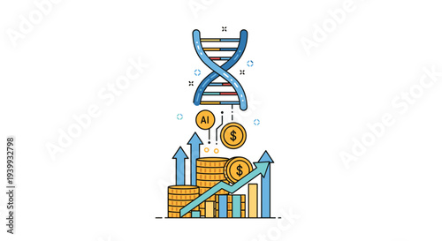 A DNA helix icon hovers above a stack of coins and upward trending graphs with AI symbols signifying genetic and financial growth, Generative AI.