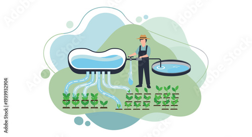 Farmer operating an irrigation system watering multiple rows of young plants from a large tank in a field, Generative AI.