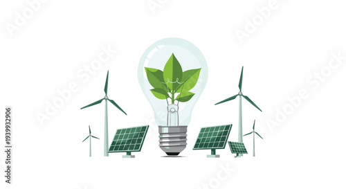 Lightbulb with green leaves powered by surrounding wind turbines and solar panels representing renewable energy, Generative AI.