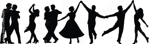 Dancing couple silhouettes set, partners ballroom dancing and salsa performers isolated on white background vector illustration graphic design