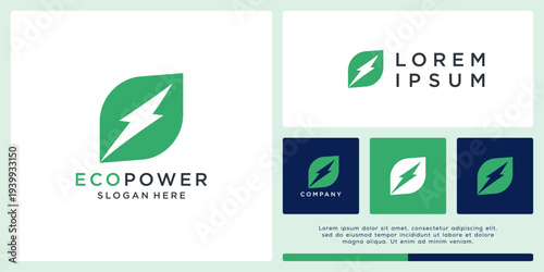 Eco power logo design with abstract leaf and flash
