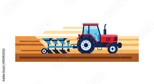 Red farm tractor with a plow moves across a wide field of brown soil preparing the land for planting, Generative AI.