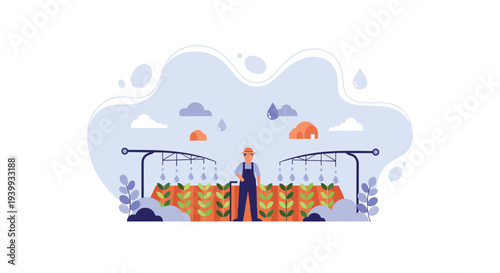 Farmer oversees an automated irrigation system watering green crops in a field under a sky with rain clouds, Generative AI.