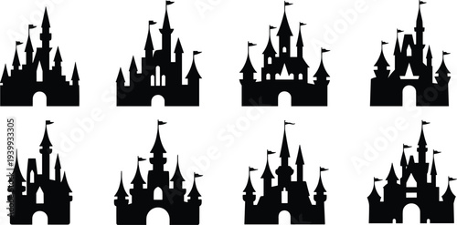 Fantasy castle silhouettes vector illustration, fairy tale fortress artwork with towers, turrets, spires, flags, medieval architecture design