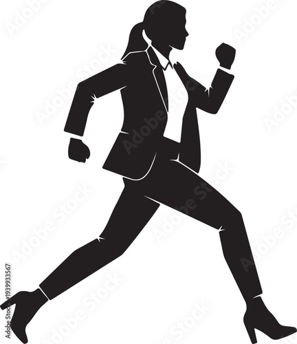 A dynamic silhouette of a business woman in a suit, running or striding forward with determination and energy, symbolizing ambition and progress.