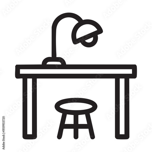 A simple line drawing of a desk with a lamp and stool