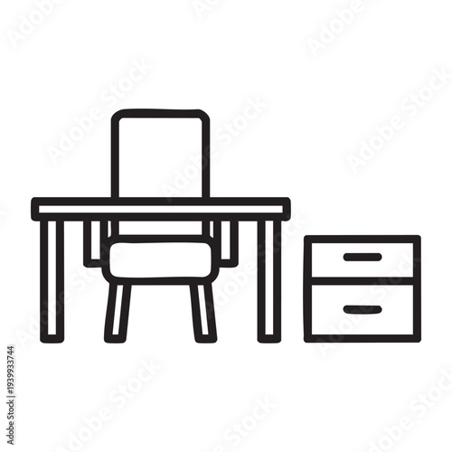 A simple line drawing of a desk with chair and filing cabinet