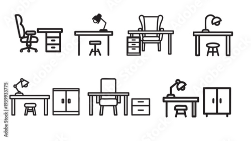 Various office furniture and desk setups