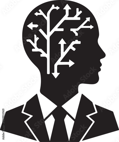 Silhouette of a corporate executive woman with a complex, branching mind full of directions and decisions.