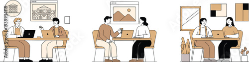 modern office teamwork illustration set, coworkers meeting with laptops, business discussion workspace scenes, flat design professional collaboration concept