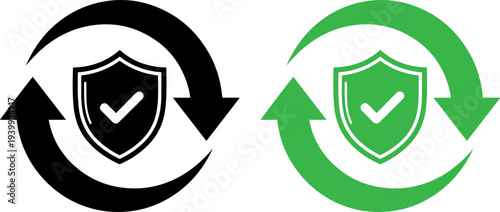 Security symbols with shield and circular arrows in black and green