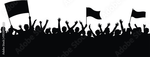 protest crowd silhouette with waving flags, people raising hands demonstration, political rally gathering, activist movement concept, public protest background