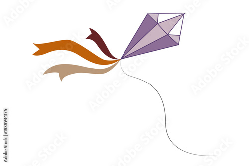Purple geometric kite with colorful flowing ribbons soars on a clean white background, conveying playful motion, summer freedom and lightness; minimalist vector-style illustration.