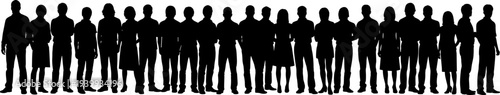 Black silhouette vector illustration of a diverse group of people standing in a row, representing a community, team, or audience.