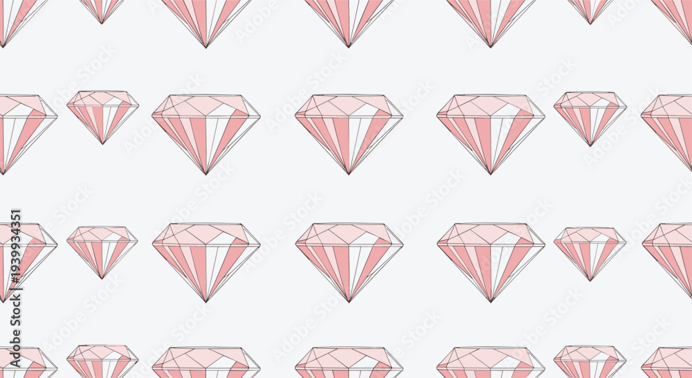Naklejka premium Elegant seamless pattern featuring an array of sparkling pink diamonds on a light grey background, symbolizing luxury and preciousness.