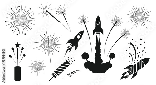 Dynamic collection of fireworks and rockets in black silhouettes, representing celebrations, explosions, and festive events.